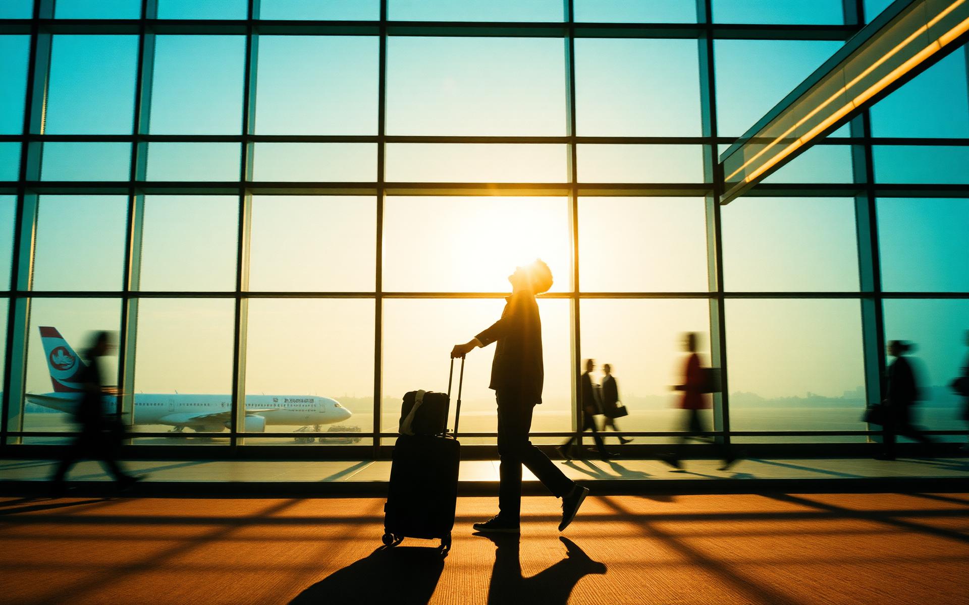 Traveler walking through sunlit airport terminal with rolling suitcase